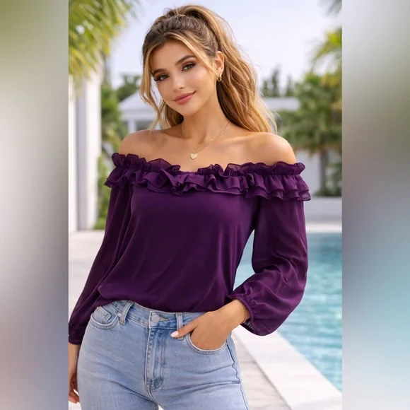 ☀️PerSeption Concept Ruffled Off-Shoulder Purple Blouse - Picture 1 of 6